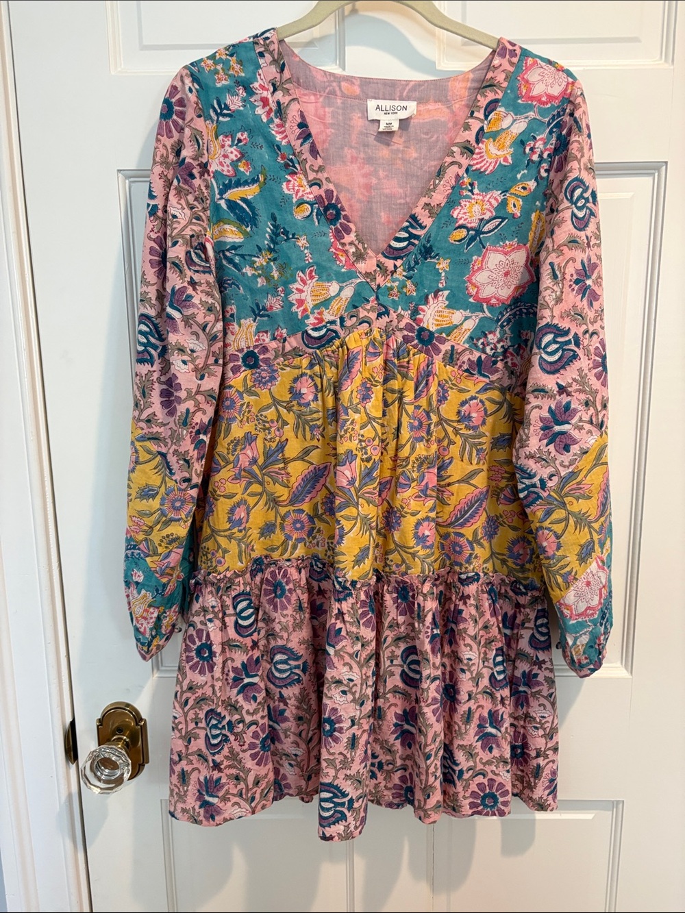 Allison Floral Patchwork V-Neck Long Sleeve Dress - Multicolor